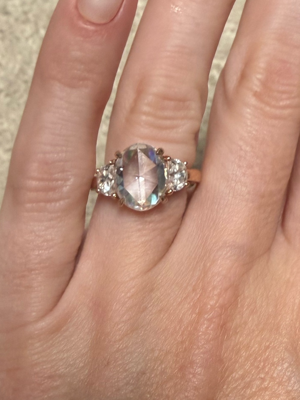 14k rose gold 3 stone moissanite ring